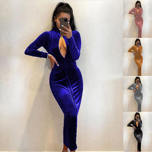 Damen elegantes Abendkleid mit tiefem V-Ausschnitt und langem Arm Drune