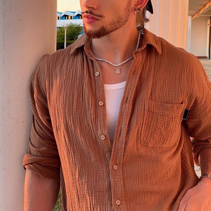 Herren Texturiertes Baumwoll-Gauze-Hemd mit Brusttasche und Relaxed Fit Drune