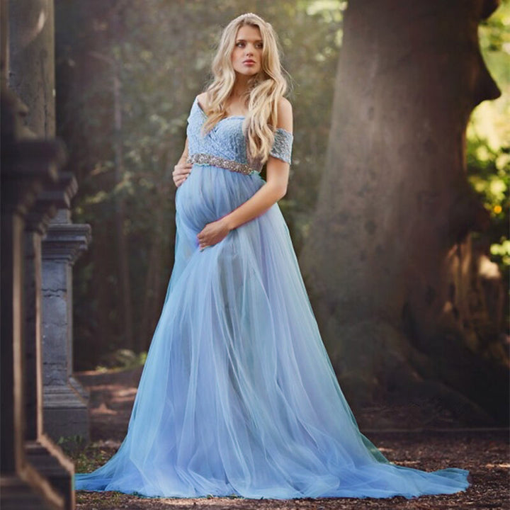 Damen Elegantes Umstandskleid mit Spitzenoberteil und fließendem Rock Drune