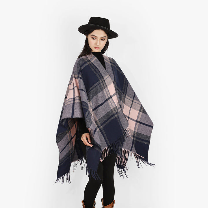 Damen Karierter Cape-Überwurf im Oversize-Stil aus Wollmix mit Fransensaum Drune