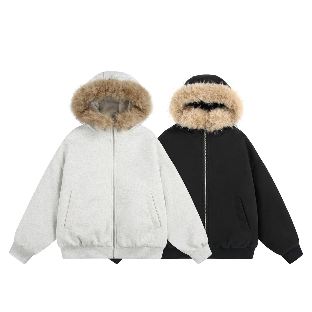 Damen Kurzboxy Kapuzenblouson aus French‑Terry mit voluminöser Kunstfellkante Drune