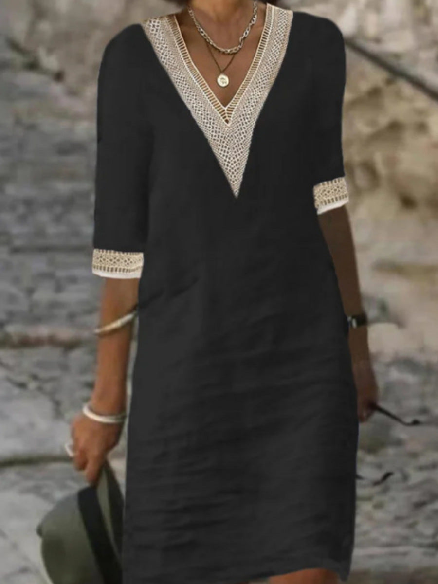 Damen Leinenlook Midi Kleid mit gehäkeltem V-Ausschnitt und 3/4 Ärmeln Drune