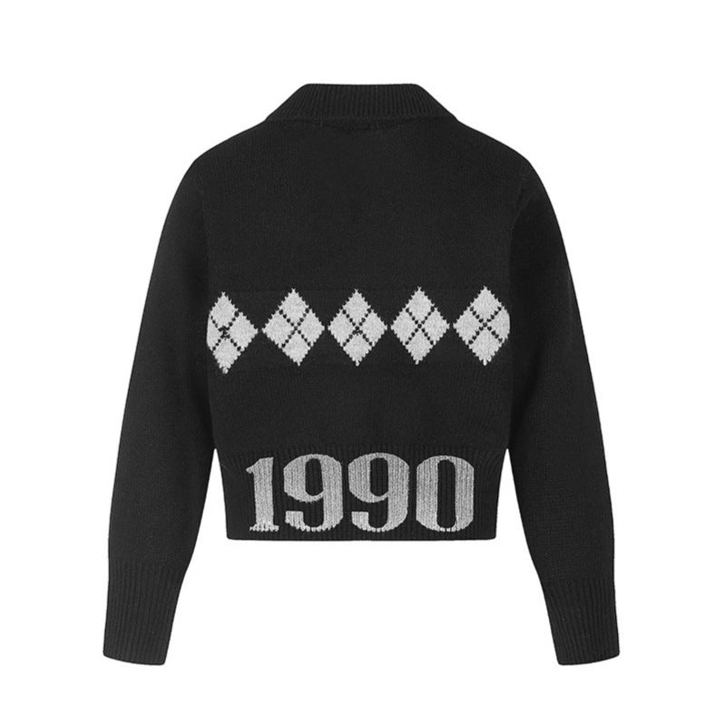Damen Cropped Strickpullover mit Polokragen, Rippbund und Argyle‑Motiv Drune