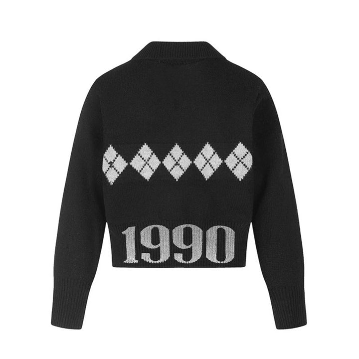 Damen Cropped Strickpullover mit Polokragen, Rippbund und Argyle‑Motiv Drune