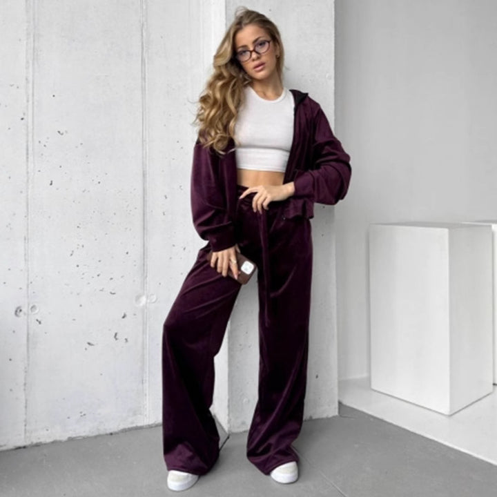 Damen weicher Velours Zweiteiler mit Kapuzenjacke und weiter Jogginghose Drune