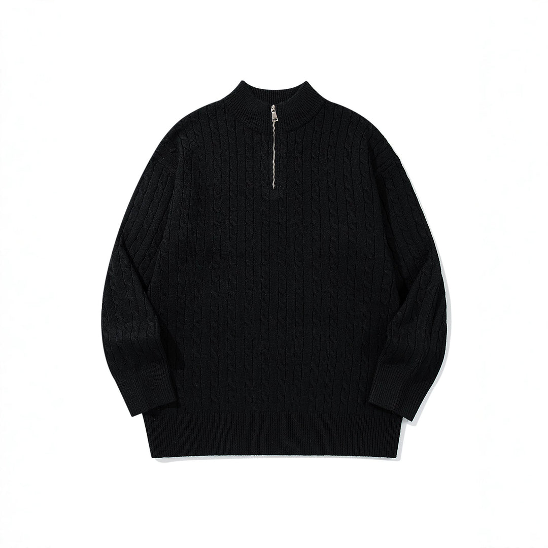 Unisex Zopfmuster-Halbzip-Strickpullover mit hohem Rippkragen und längerem Saum Drune