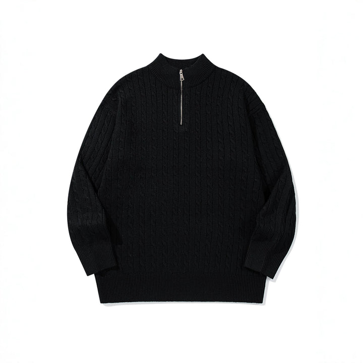 Unisex Zopfmuster-Halbzip-Strickpullover mit hohem Rippkragen und längerem Saum Drune