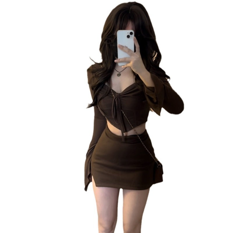Damen Crop-Top mit dekorativem Bindegürtel und weitem Arm Drune