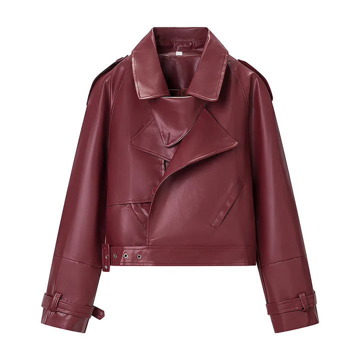 Damen nan kurzer taillierter Bikerblouson aus veganem Lederimitat mit Schalkragen, Taillengürtel und verstellbaren Manschetten Drune
