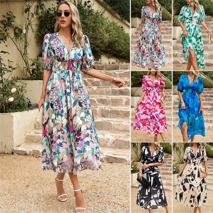 Damen Maxi Kleid mit 3/4-Ärmeln und floralem Design Drune