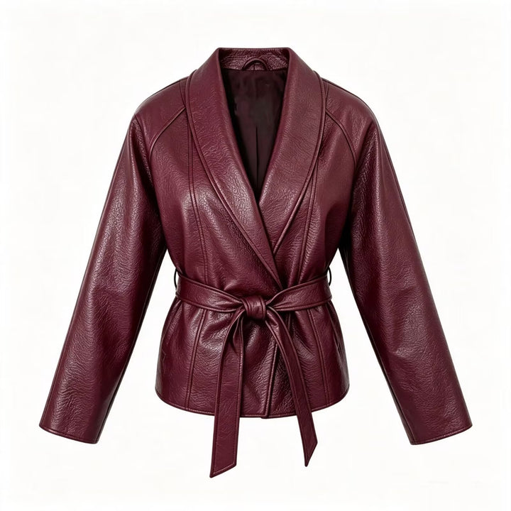 Damen Taillierte Kunstlederjacke mit Schalkragen und Bindegürtel Drune