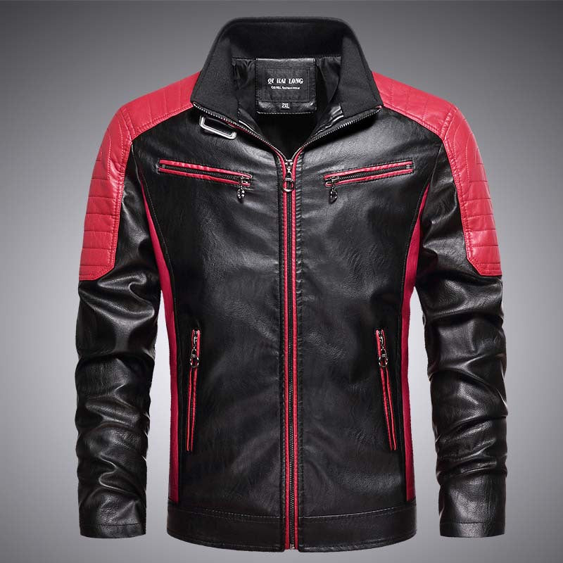 Herren Biker-Lederimitatjacke im Racing-Stil mit Stehkragen und Reißverschlusstaschen Drune