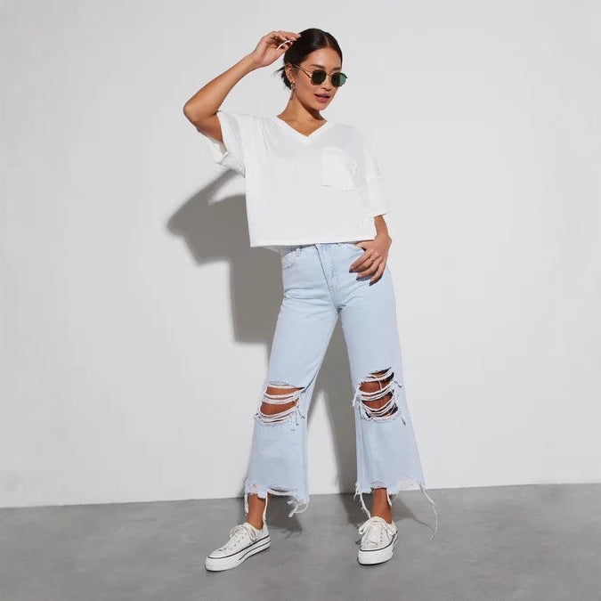 Damen Mom Jeans mit ausgefranstem Saum und Rippen-Details Drune