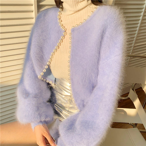 Damen Flauschige Strickjacke mit Perlenbesatz und modischem Schnitt Drune