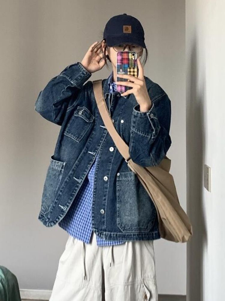 Damen Modische Denim-Jacke mit großen Taschen Drune