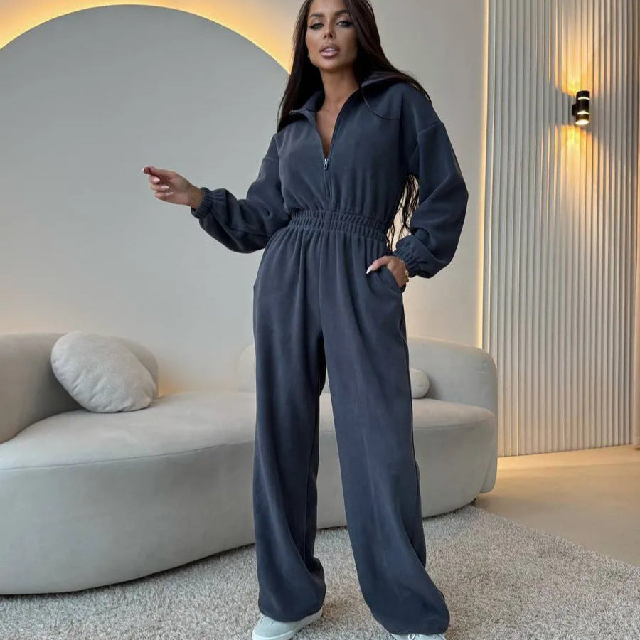 Damen Oversized Loungewear-Jumpsuit mit halbem Reißverschluss und elastischer Taillenraffung Drune