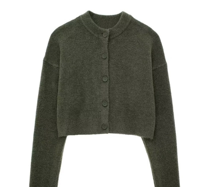 Damen kurze Strickjacke mit Knopfleiste und elegantem Rundhalsausschnitt Drune
