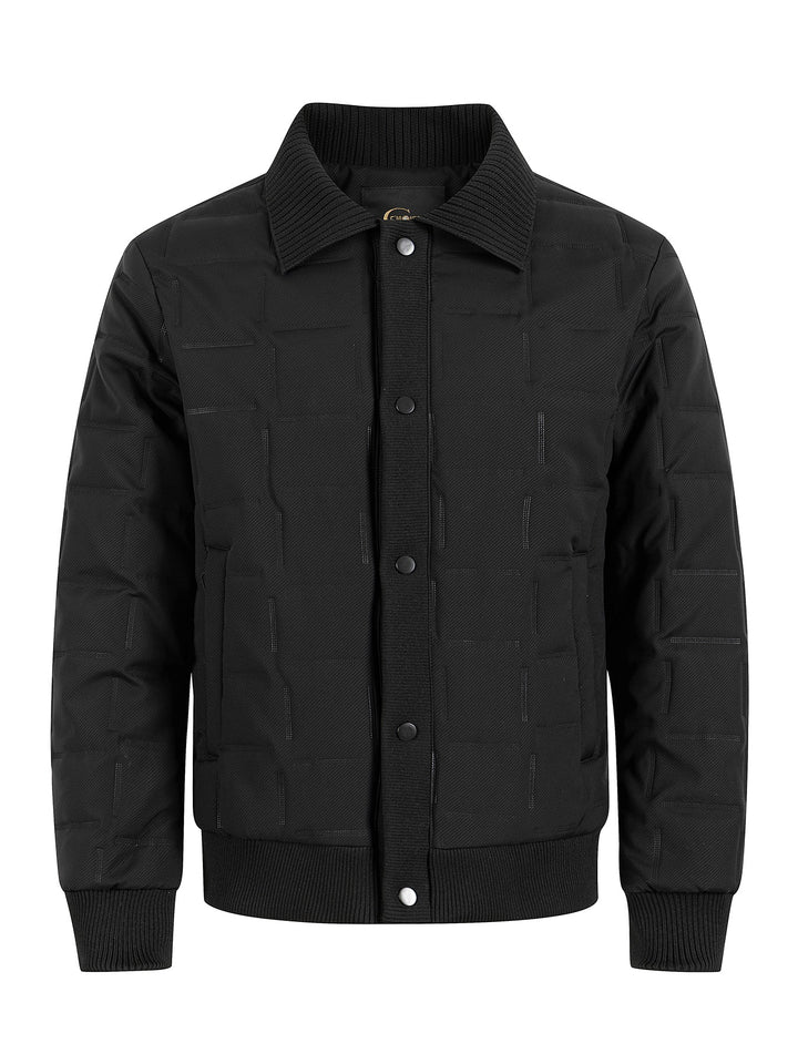 Herren Kurz geschnittene gesteppte Bomberjacke mit Rippenkragen, Druckknopfleiste und geometrischem Quilt Drune