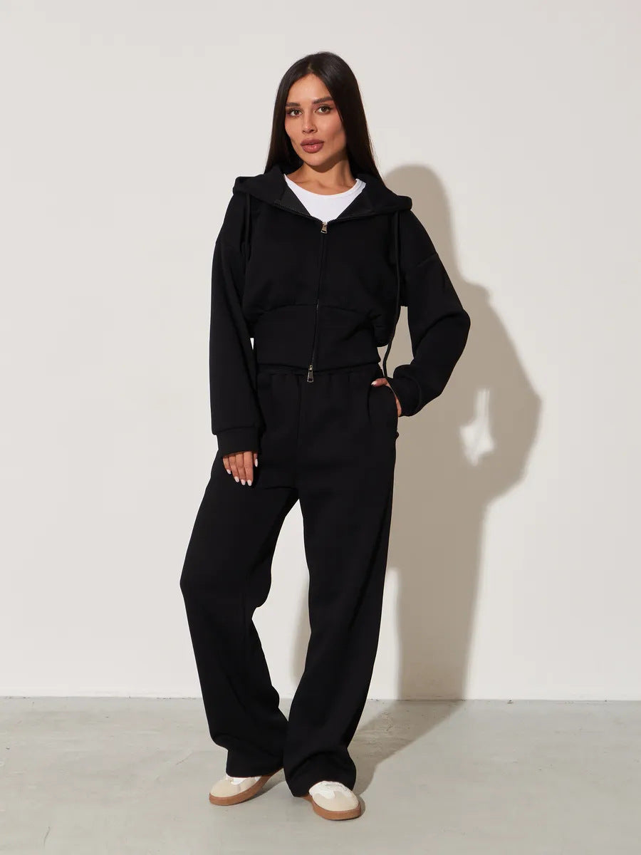 Damen kurzes Kapuzen-Zipshirt mit tailliertem Tunnelzug und weit geschnittene High-Waist-Loungehose Drune