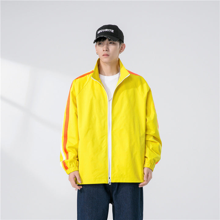 Herren Locker geschnittene Trackjacke mit Stehkragen, kontrastierenden Streifenärmeln und elastischen Bündchen Drune