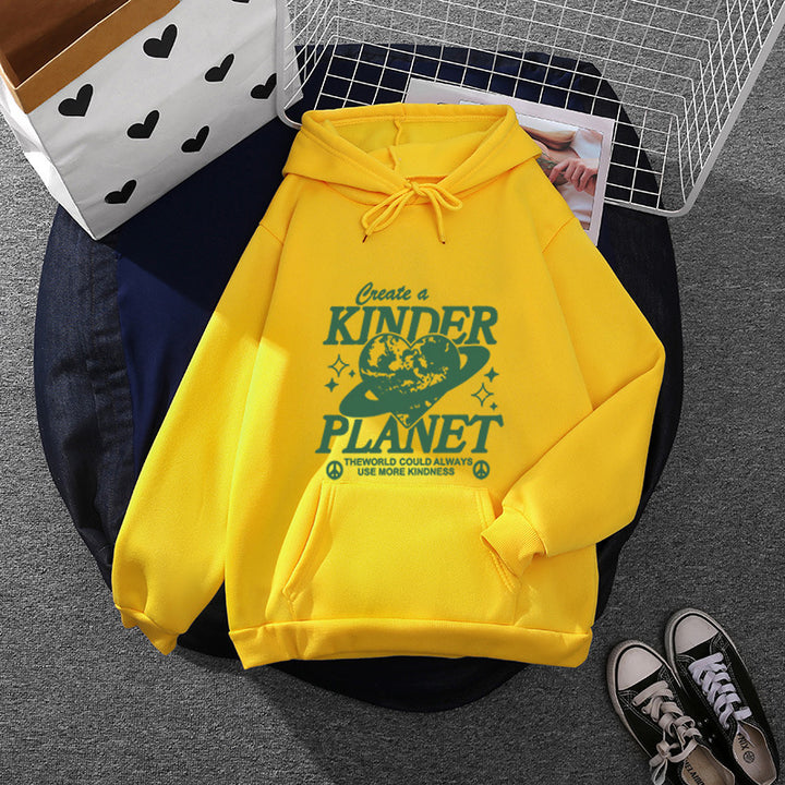Unisex nan oversized Kapuzenpullover mit Statement-Print "Kinder Planet", Kängurutasche und weichem Futter Drune