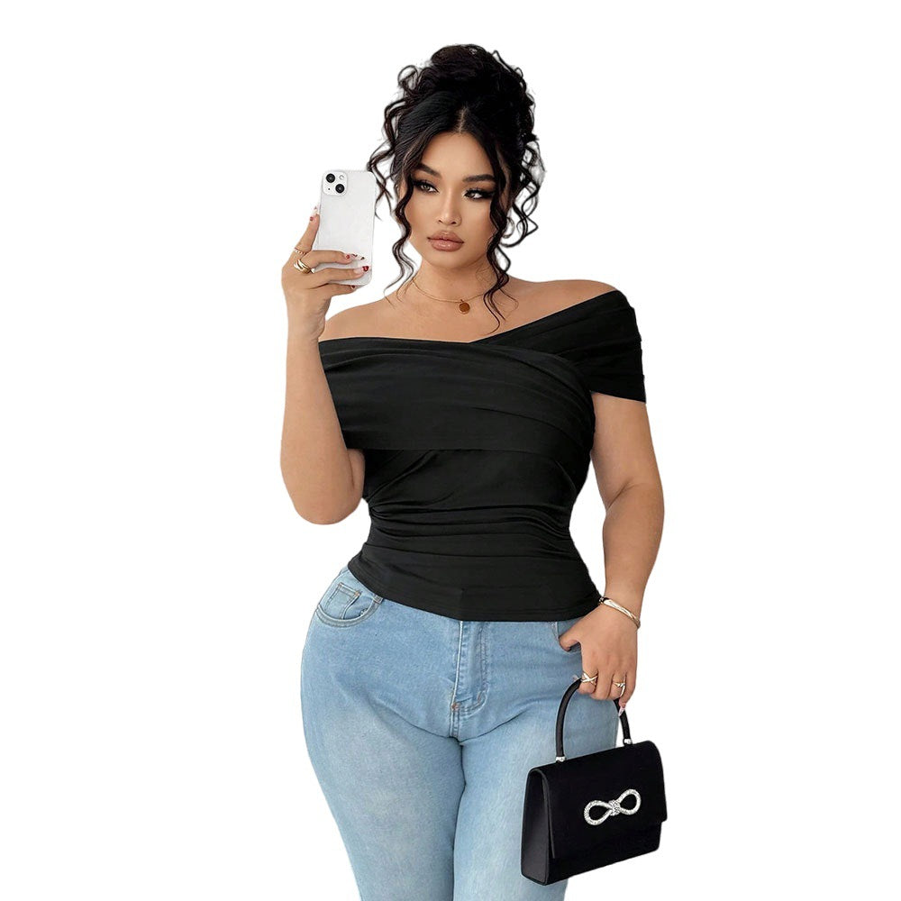 Damen elegantes Wickeloberteil mit schulterfreiem Design und Raffung Drune