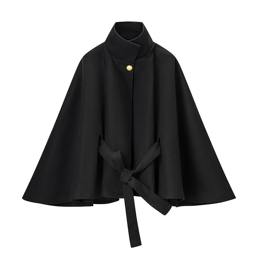 Damen nan taillierter Wollcape-Mantel mit Stehkragen Bindegürtel und verdeckter Knopfleiste Drune