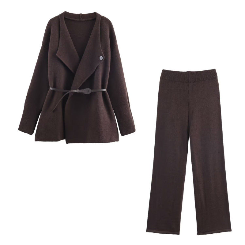 Damen elegantes Strickset mit tailliertem Blazer und weitem Hosenbein Drune