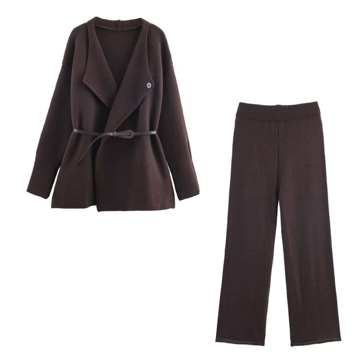 Damen elegantes Strickset mit tailliertem Blazer und weitem Hosenbein Drune