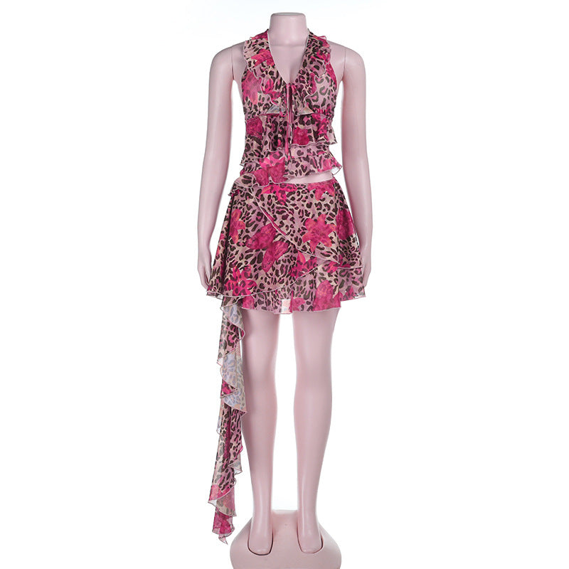 Damen asymmetrisches Wickelkleid mit Rüschendetails und femininem Leopardenmuster Drune