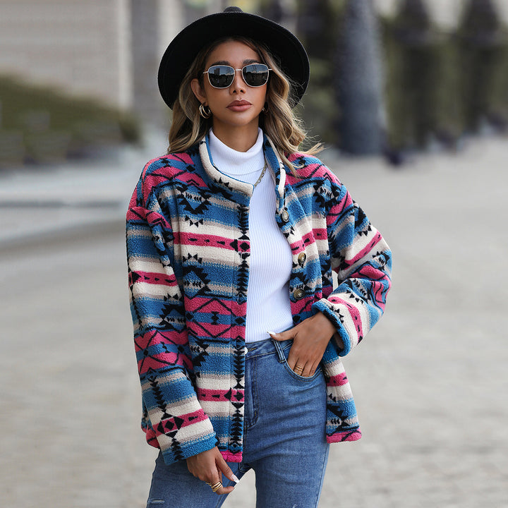 Damen Fleecejacke im Boho-Stil mit einzigartigem geometrischem Muster und großen Knöpfen Drune