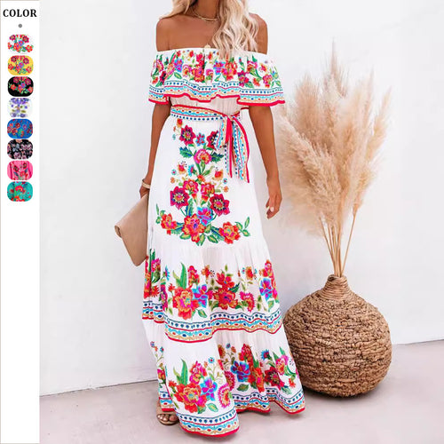 Damen Off-Shoulder Sommerkleid mit floralem Volant Drune