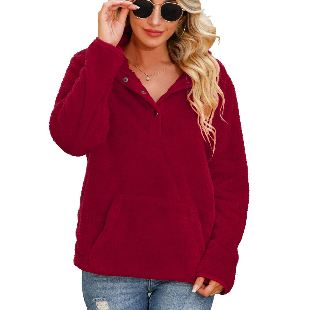 Damen Kuscheliger Fleece-Pullover mit Knopfleiste und Kängurutasche Drune