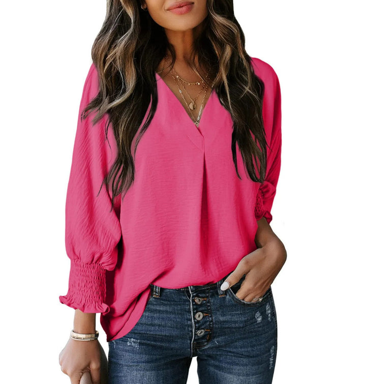 Damen V-Ausschnitt Bluse mit elastischen Ärmelbünden Drune