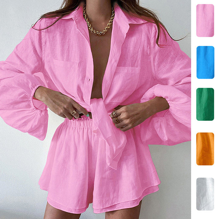 Damen Lässiges Kurzarm-Hemd mit weitem Schnitt und High-Waist-Shorts Drune