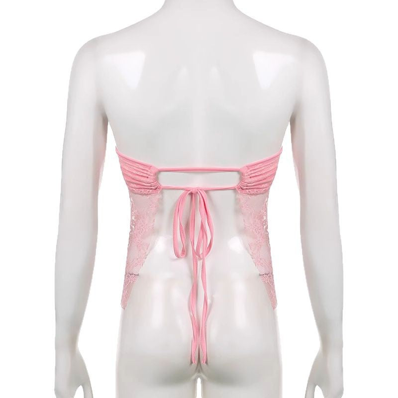 Damen Spitzen-Crop-Top mit elegante Raffung und transparenter Details Drune