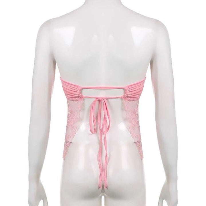 Damen Spitzen-Crop-Top mit elegante Raffung und transparenter Details Drune