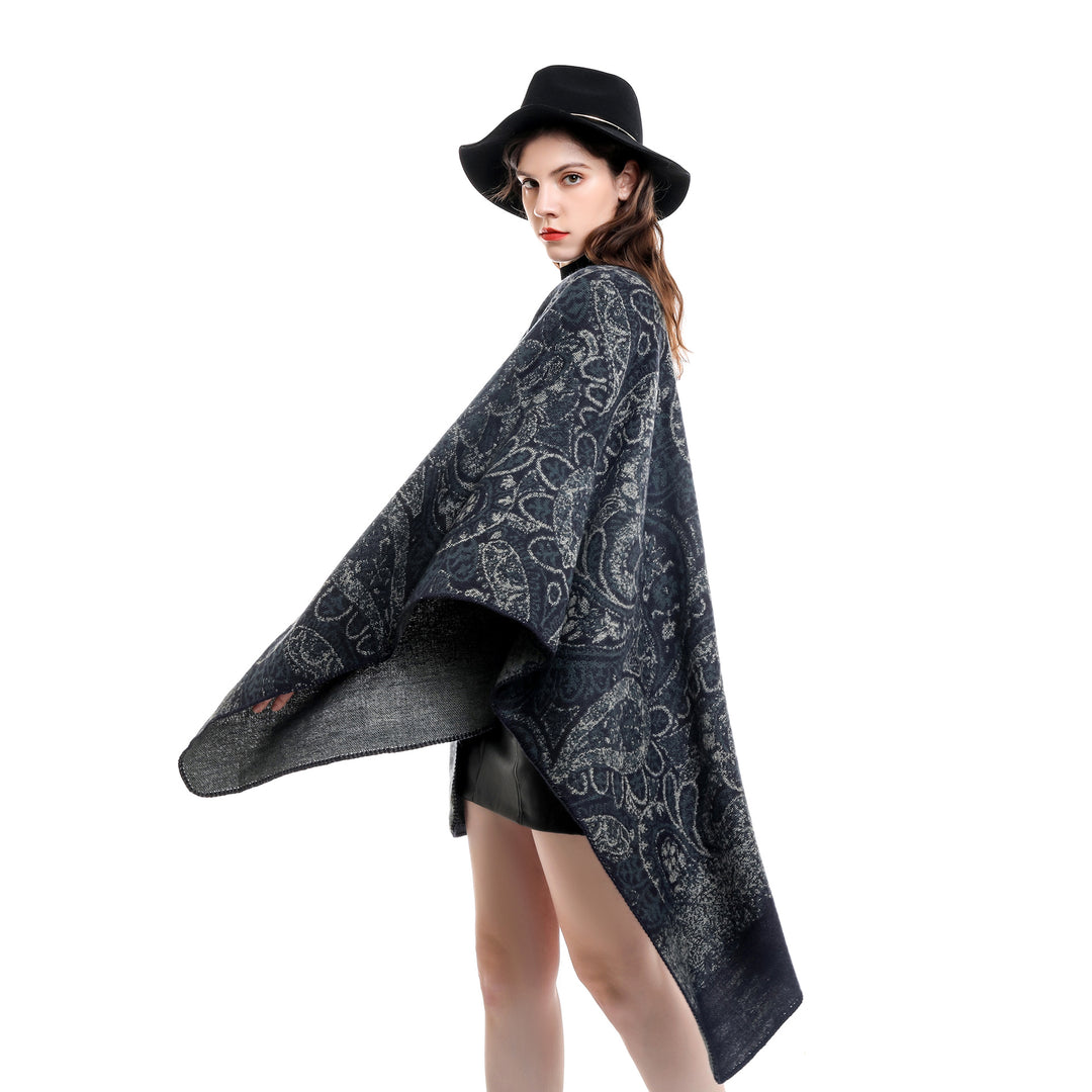 Damen Paisley-Jacquard-Capeponcho aus Wollmix mit Zierkettelnaht Drune