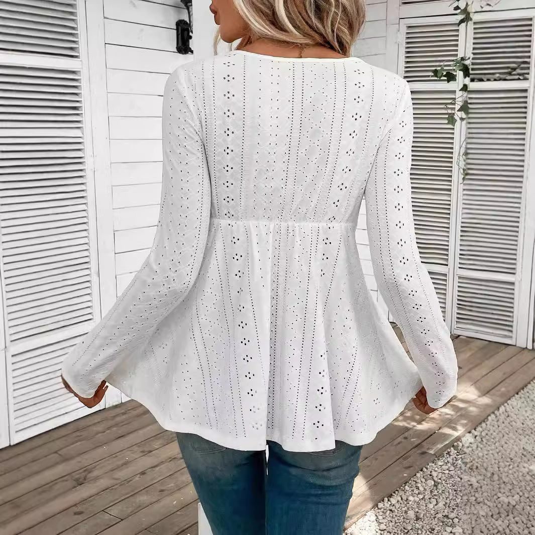 Damen nan romantische Broderie-Anglaise Tunika mit Taillen-Spitzenband und V-Ausschnitt Drune