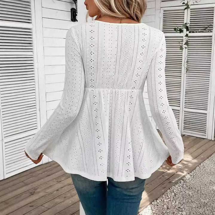 Damen nan romantische Broderie-Anglaise Tunika mit Taillen-Spitzenband und V-Ausschnitt Drune