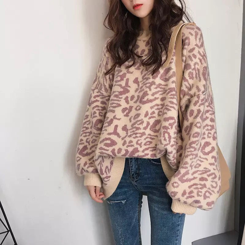 Damen Oversized Strickpullover mit Leopardenmuster und weichem Material Drune