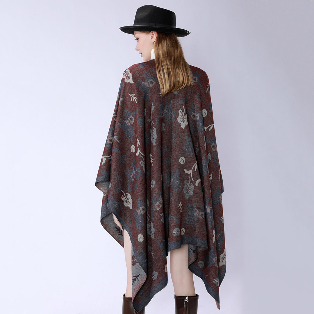 Damen Oversized Ruana im Jacquard mit Katzen- & Blumenmotiv Drune