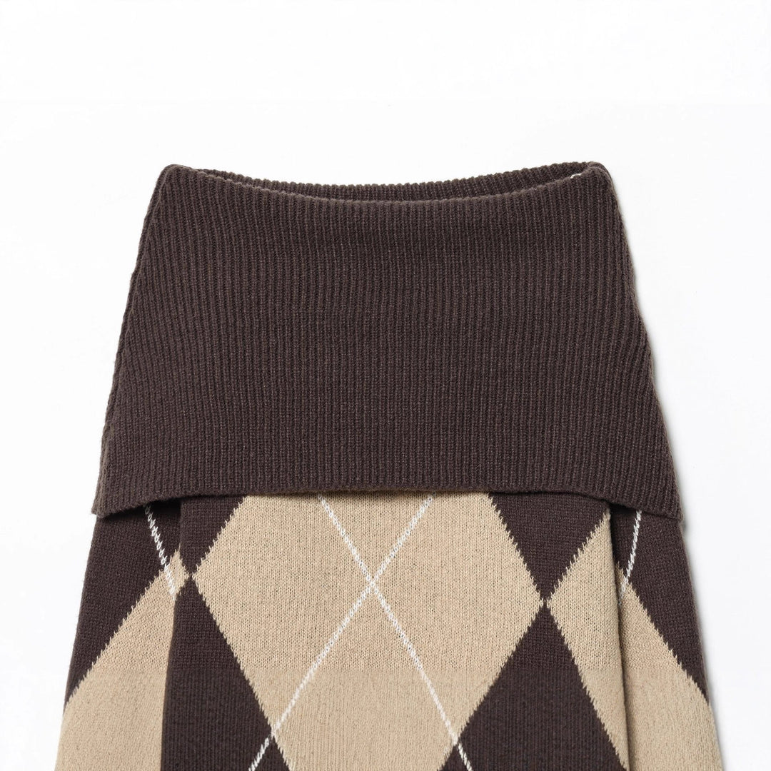 Damen nan Rollkragenpullover mit Argyle‑Struktur, überlanger Ripp‑Kragen und lässiger Silhouette Drune