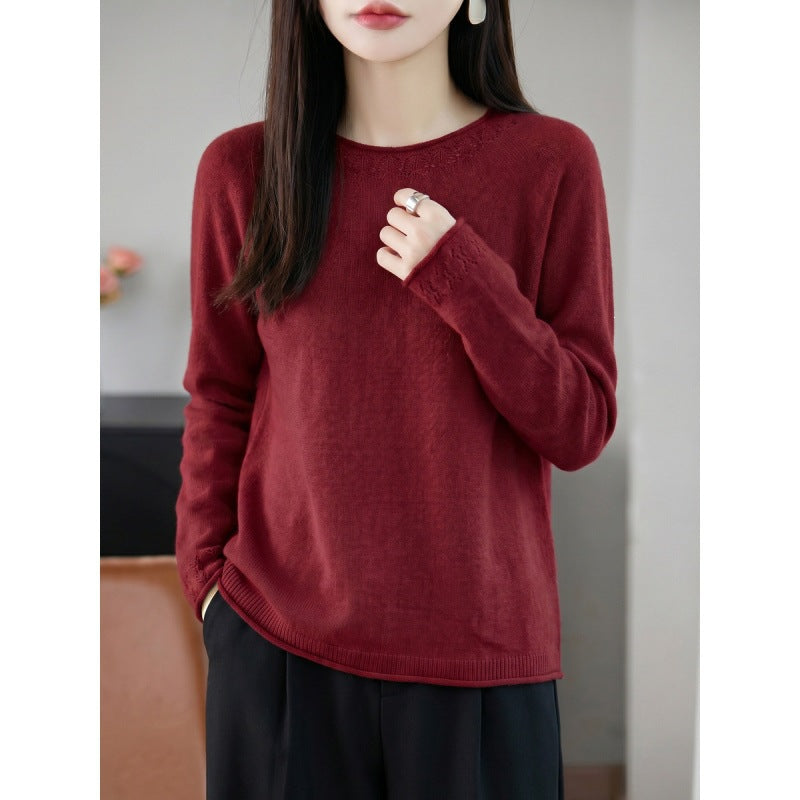 Damen Leichter Feinstrick-Rundhalspullover mit Ajourspitzen‑Detail und legerer Silhouette Drune