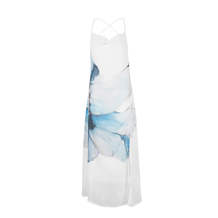 Damen Maxikleid mit zartem Blumenmotiv und spielerischen Spaghettiträgern Drune