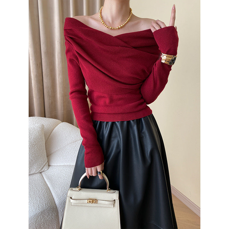 Damen Elegantes Oberteil mit asymmetrischem Kragen und gerafften Details Drune