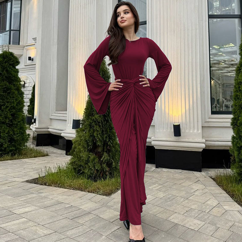 Damen Elegantes Maxikleid mit geschwungenem Saum und lässigen Fledermausärmeln Drune