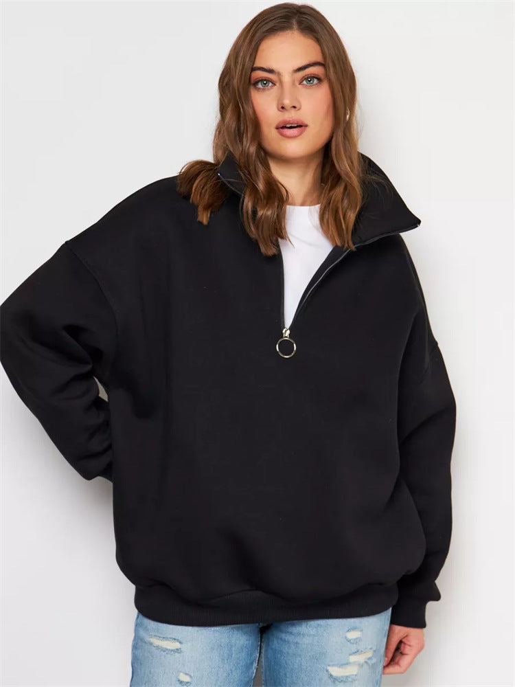 Damen Oversized Halbzip Sweater mit hohem Stehkragen und Rippbündchen Drune