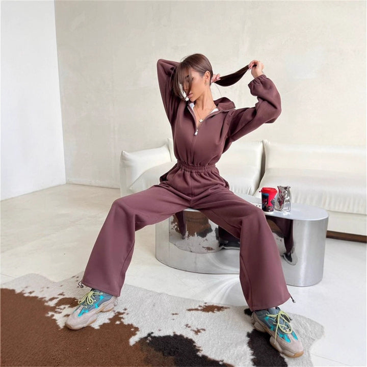 Damen Relaxed-Loungewear-Set mit Halbzip-Stehkragen und hochtaillierter Weitbein-Jogginghose Drune