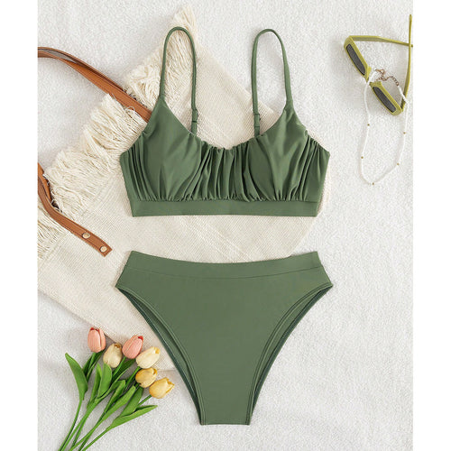 Damen Push-Up Bikini mit gerafftem Oberteil und hohem Bund Drune
